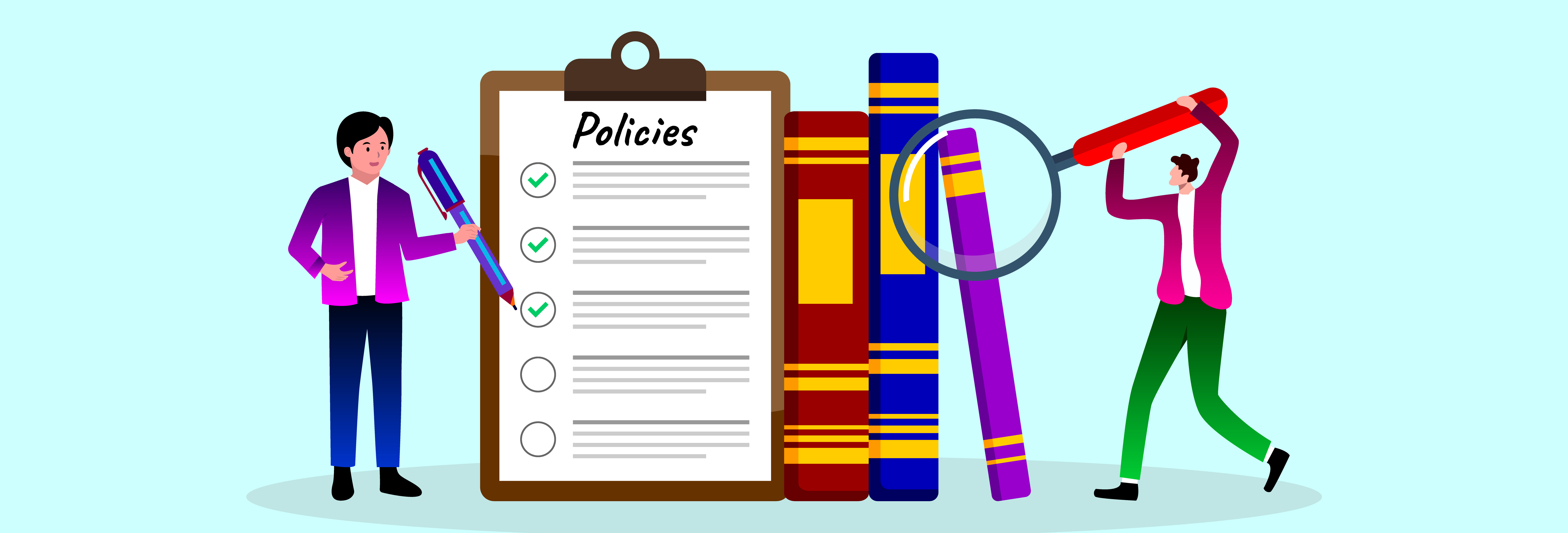 Illustration of two individuals drafting company policies on a large document pinned to a clipboard, with one examining details through a magnifying glass and books stacked beside them.